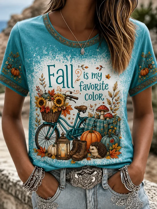 Women's Short Sleeve T-shirt Summer Blue Pumpkin Pattern Printing Jersey Crew Neck Daily Going Out Casual Top