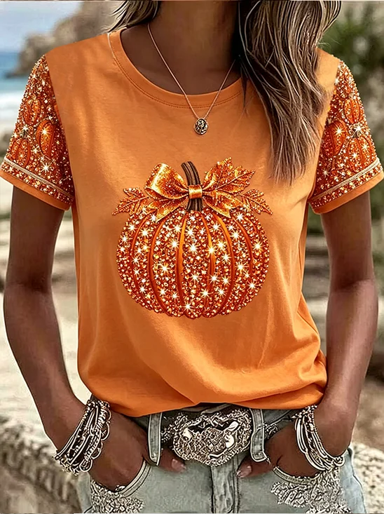 Women's Short Sleeve T-shirt Summer Orange Halloween (pumpkin) Printing Jersey Crew Neck Daily Going Out Casual Top