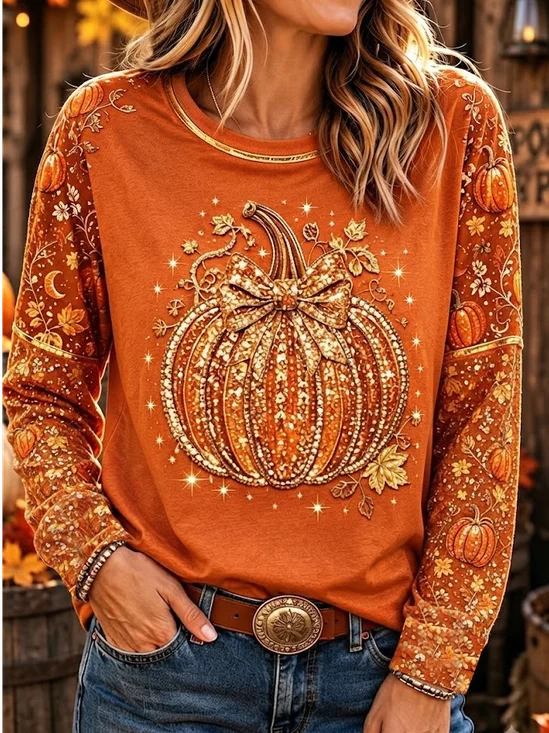 Women's Long Sleeve T-shirt Spring/Fall Orange Maple Leaf Printing Jersey Crew Neck Daily Going Out Casual Top