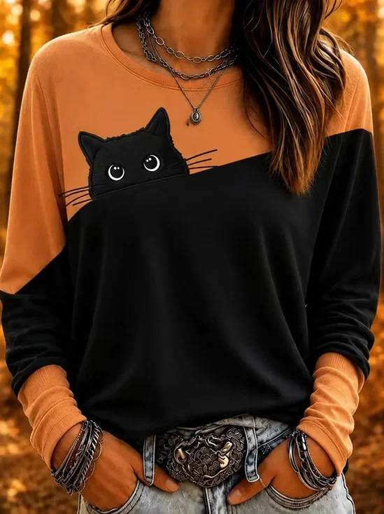 Women's Long Sleeve T-shirt Spring/Fall Black Halloween Printing Jersey Crew Neck Daily Going Out Casual Top