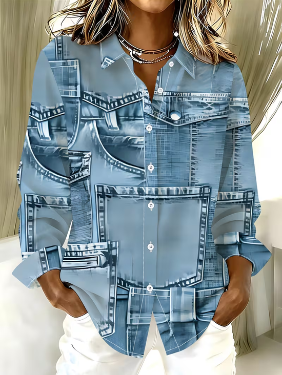 Women's Long Sleeve Shirt Spring/Fall Blue Abstract Buckle Shirt Collar Regular Sleeve Daily Going Out Casual Top