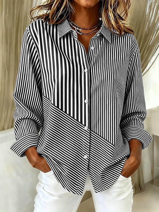 Women's Long Sleeve Shirt Spring/Fall Black Striped Buckle Shirt Collar Regular Sleeve Daily Going Out Casual Top