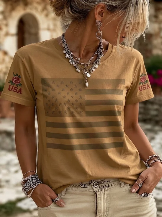 Women's Short Sleeve T-shirt Summer Brown America Flag Printing Jersey Crew Neck Daily Going Out Casual Top