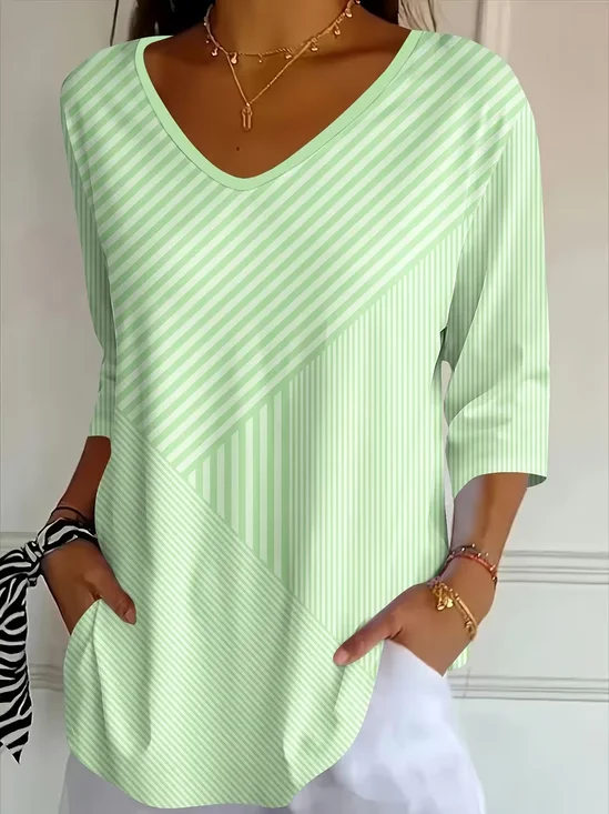 Women's Three Quarter Sleeve T-shirt Spring/Fall Green Striped Printing V Neck Daily Going Out Casual Top
