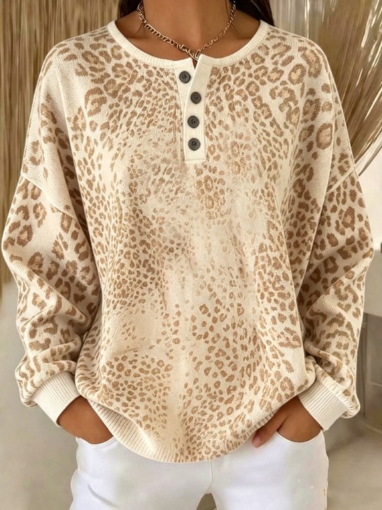Henley Collar Leopard Casual Sweatshirt
