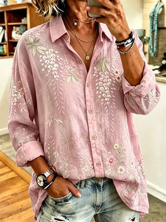 Women's Long Sleeve Shirt Spring/Fall Pink Floral Buckle Shirt Collar Regular Sleeve Daily Going Out Casual Top