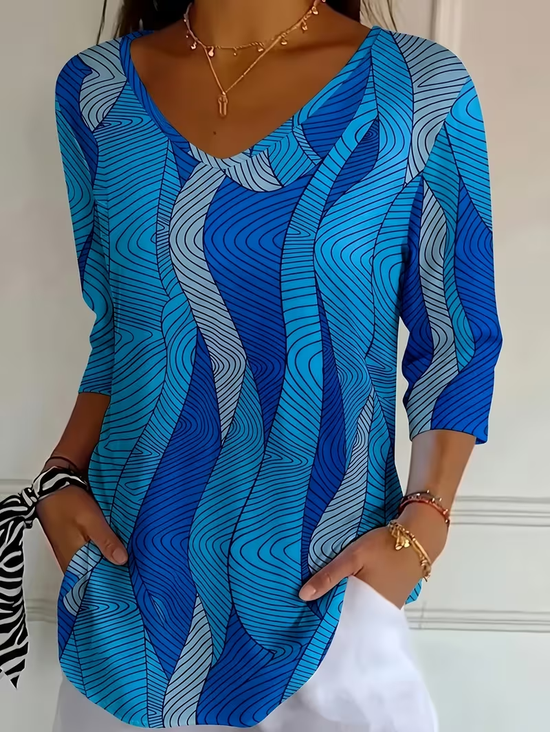 Women's Three Quarter Sleeve T-shirt Spring/Fall Blue Abstract Printing V Neck Daily Going Out Casual Top