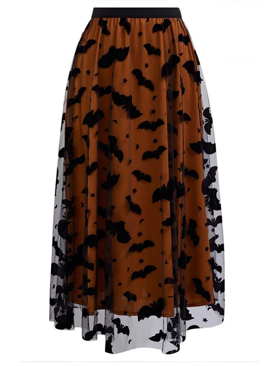 Vintage-Style Bat-Print Halloween Skirt