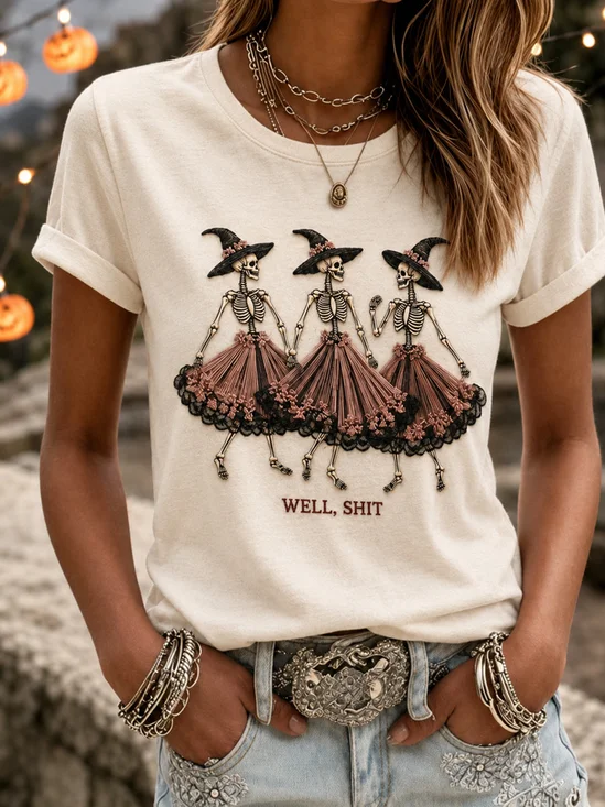 Trendy Halloween Skeleton Witch Graphic Short Sleeve T-Shirt