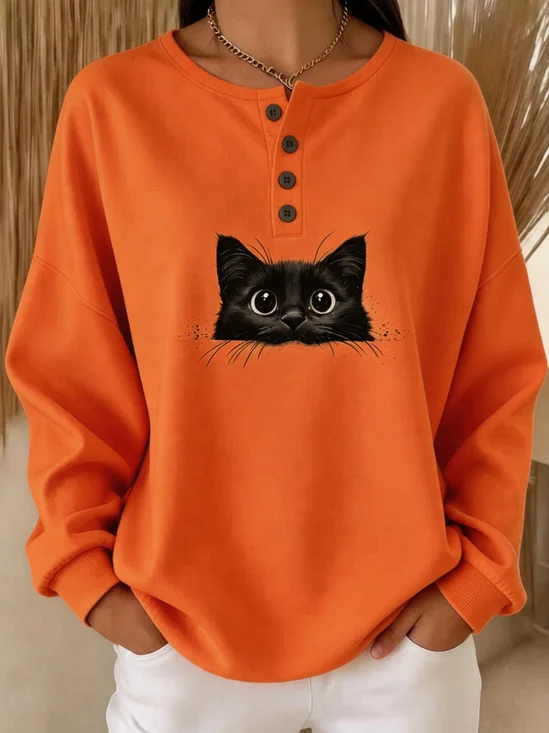 Peeking Black Cat Henley Oversized Sweatshirt