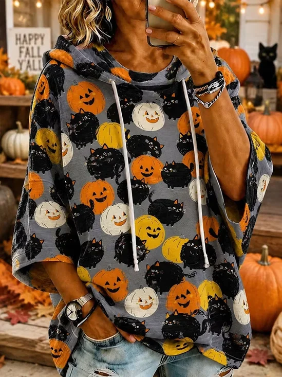 Cat And Pumpkin Print Hoodie