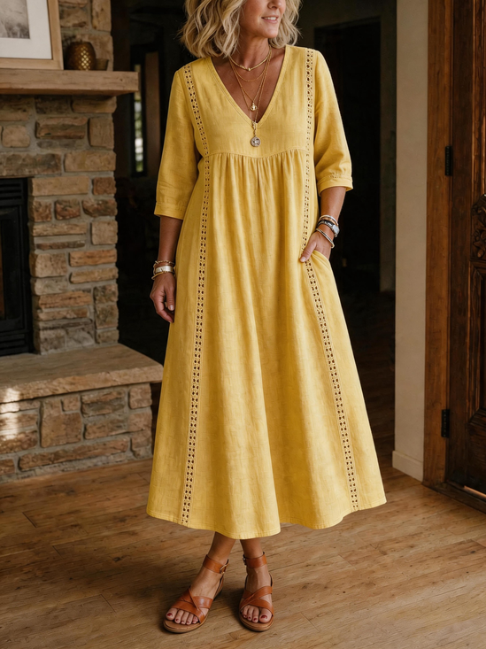 Plain V Neck Short Sleeve Lace Casual Dress