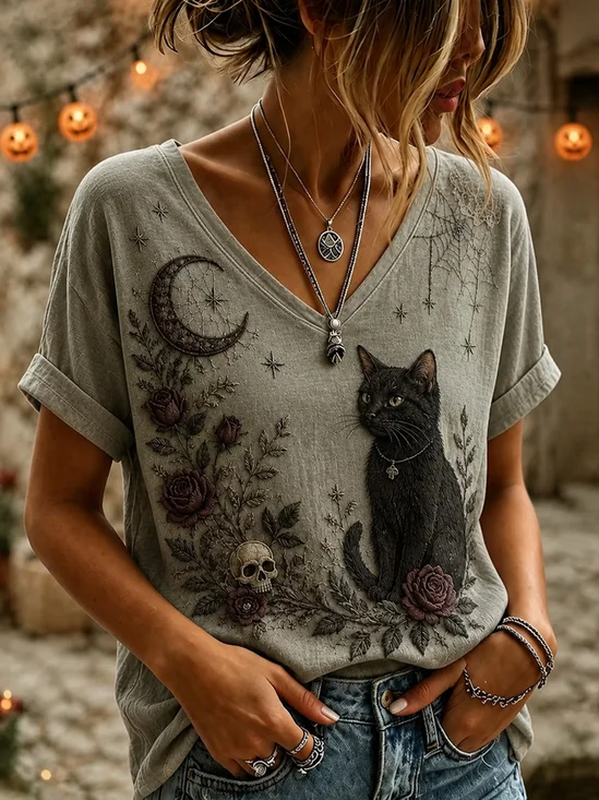 Dark Style Black Cat Moon Pattern V‑Neck Short Sleeve T-Shirt