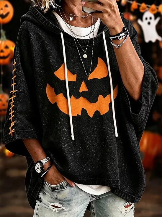 Pumpkin Face Motif Casual Halloween Hoodie