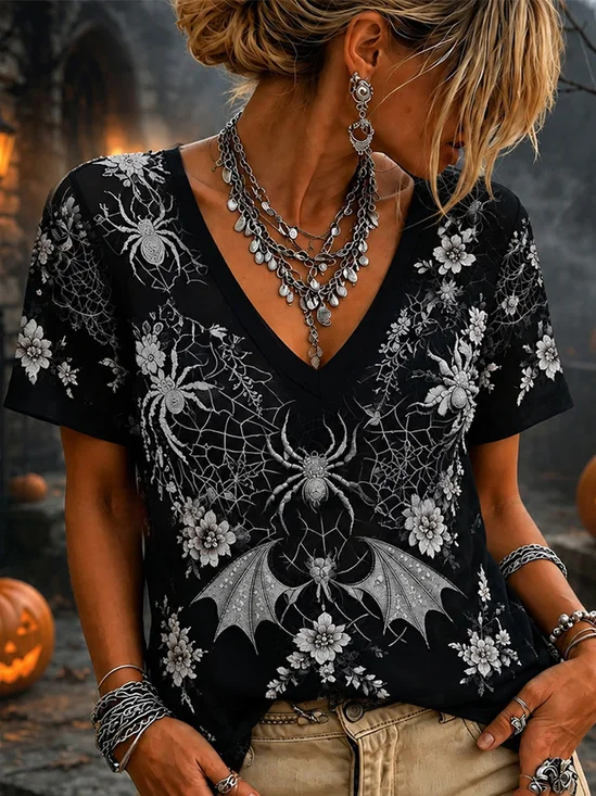 Halloween Spider Bat V‑Neck Short Sleeve