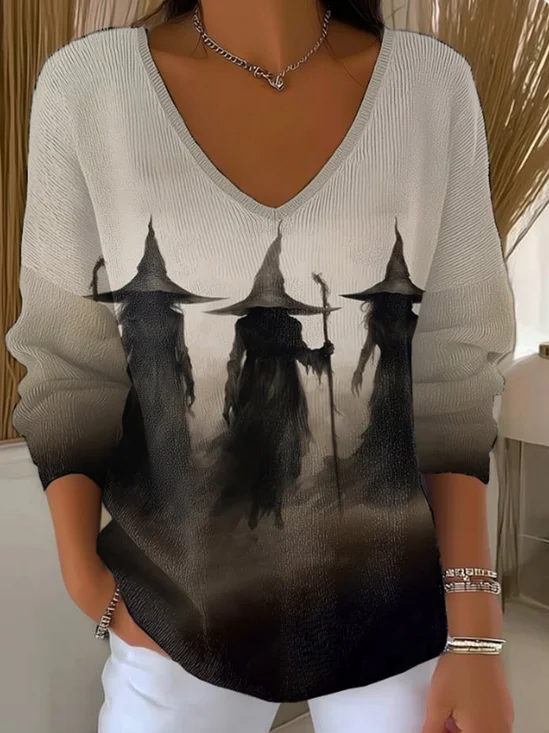 Women's Long Sleeve T-shirt Spring/Fall Gray Halloween Printing V Neck Daily Going Out Casual Top