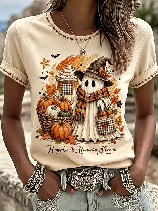 Women's Short Sleeve T-shirt Summer Apricot Halloween Printing Jersey Crew Neck Daily Going Out Casual Top