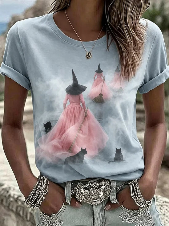 Women's Short Sleeve T-shirt Summer Dusty Teal Halloween Printing Jersey Crew Neck Daily Going Out Casual Top