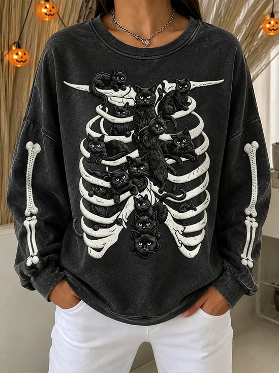 Halloween Skeleton Black Cat Trendy Sweatshirt