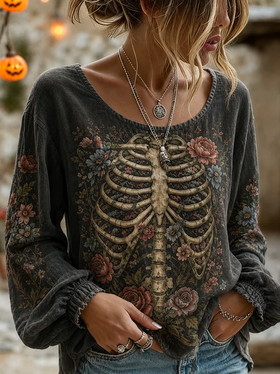 Vintage Skeleton Floral Trendy Long Sleeve Blouse