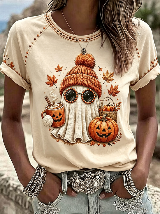 Women's Short Sleeve T-shirt Summer Apricot Halloween Printing Jersey Crew Neck Daily Going Out Casual Top