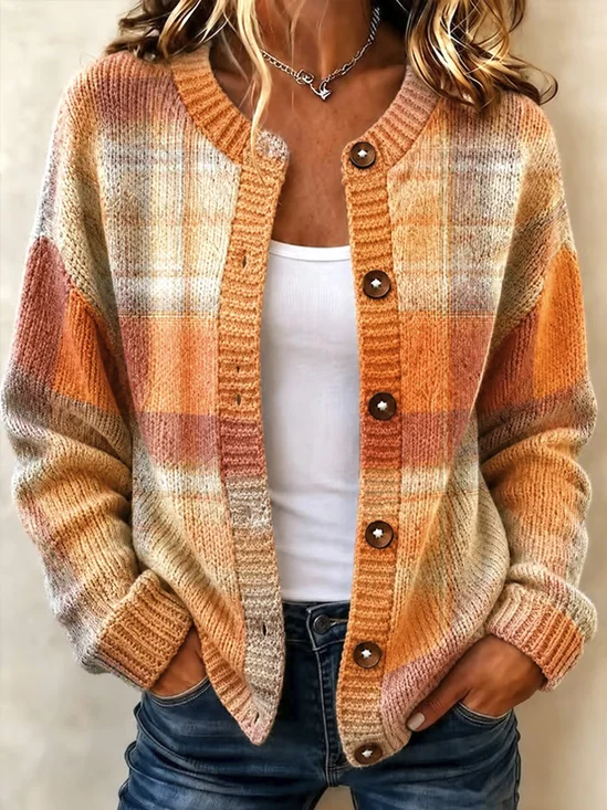 Plaid Color‑Block Casual Cardigan