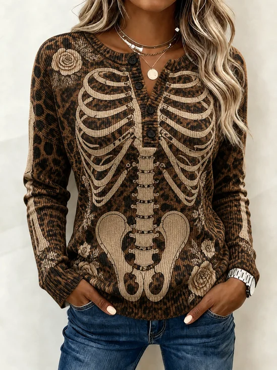 Leopard Skeleton Graphic Henley Long Sleeve T-Shirt
