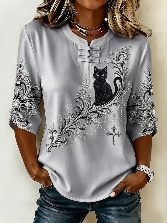 Women's Half Sleeve Blouse Summer Gray Cat Printing Mandarin Collar Daily Going Out Vintage Top