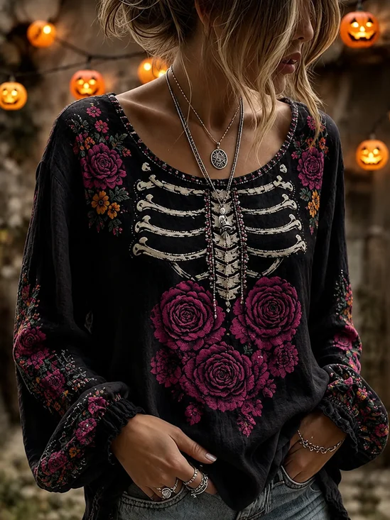 Skeleton Rose Graphic Relaxed Long Sleeve Blouse