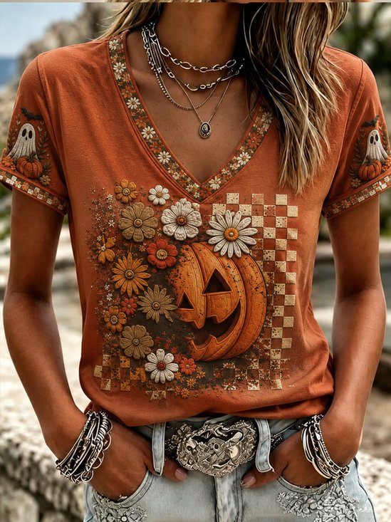 Halloween Pumpkin Floral Graphic V‑Neck Short Sleeve Tee