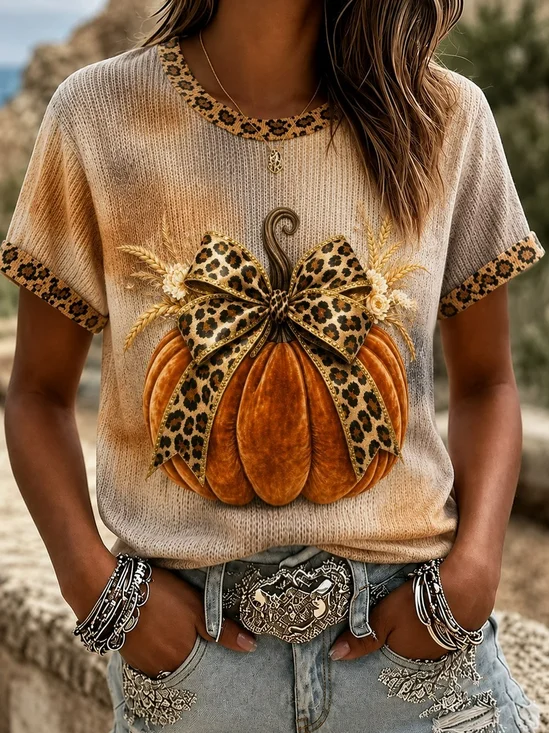 Regular Fit Casual Pumpkin Pattern Crew Neck T-Shirt