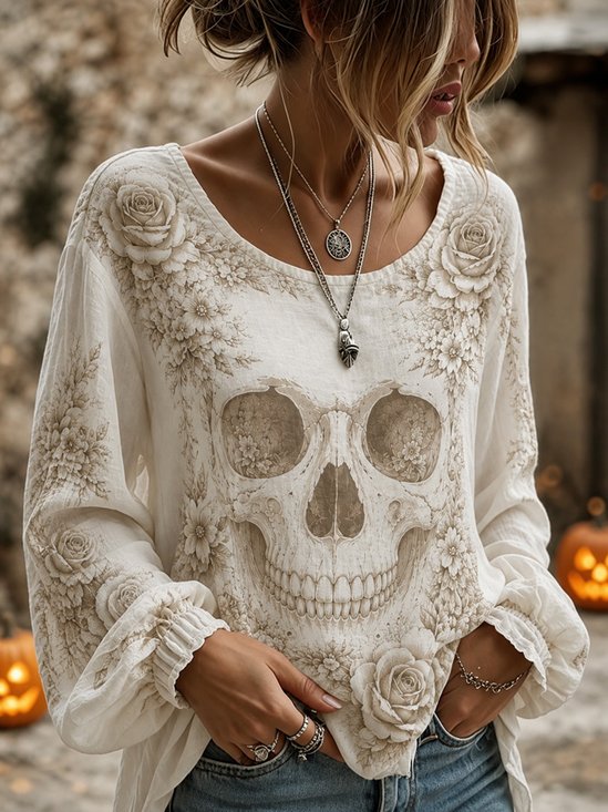 Skull Rose Print Versatile Long Sleeve Blouse