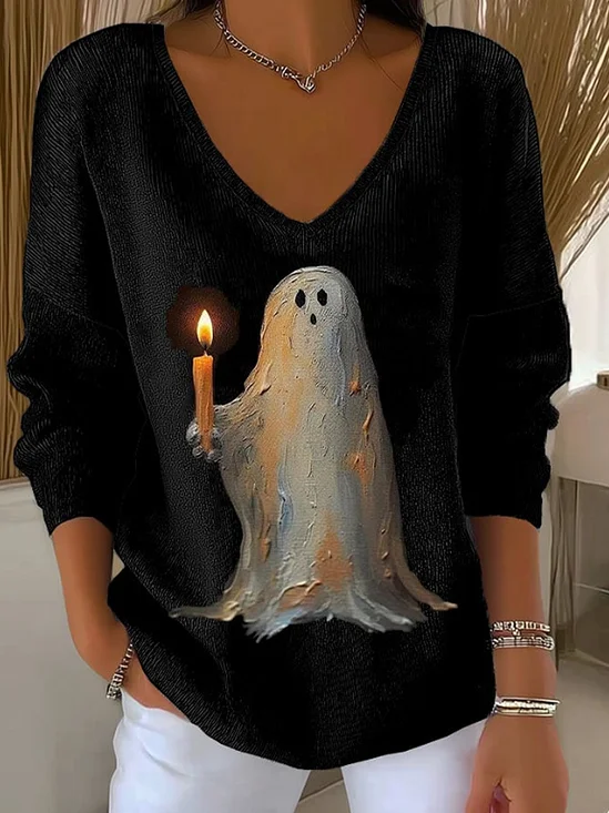 Women's Long Sleeve T-shirt Spring/Fall Black Halloween Printing V Neck Daily Going Out Casual Top