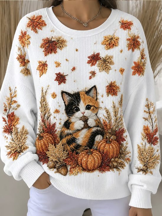 Fall Kitten Pumpkin Graphic Crew Neck Sweatshirt