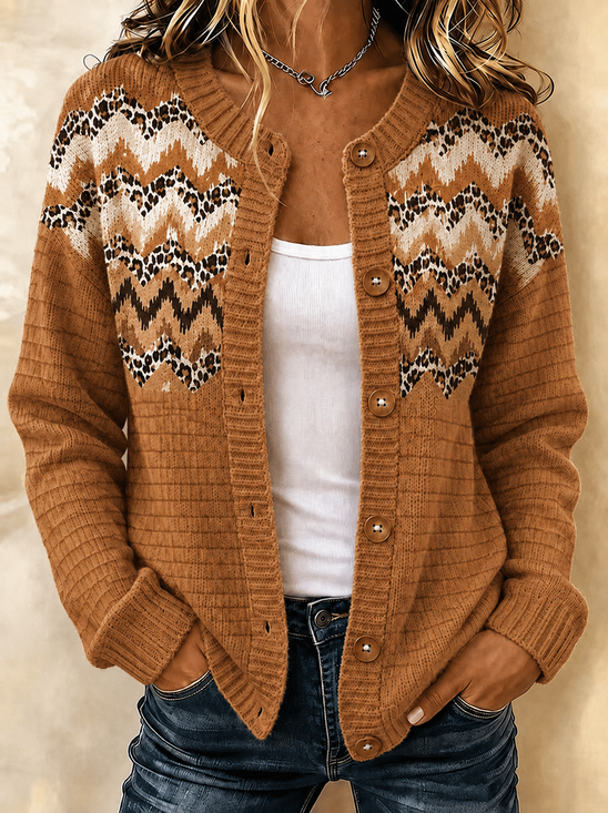 Regular Fit Casual Crew Neck Color Block Cardigan