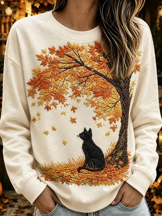 Autumn Tree Black Cat Graphic Fashion Crewneck Sweatshirt