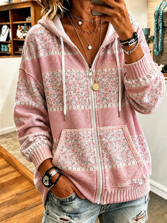 Ditsy Floral Zip‑Up Hooded Casual Jacket