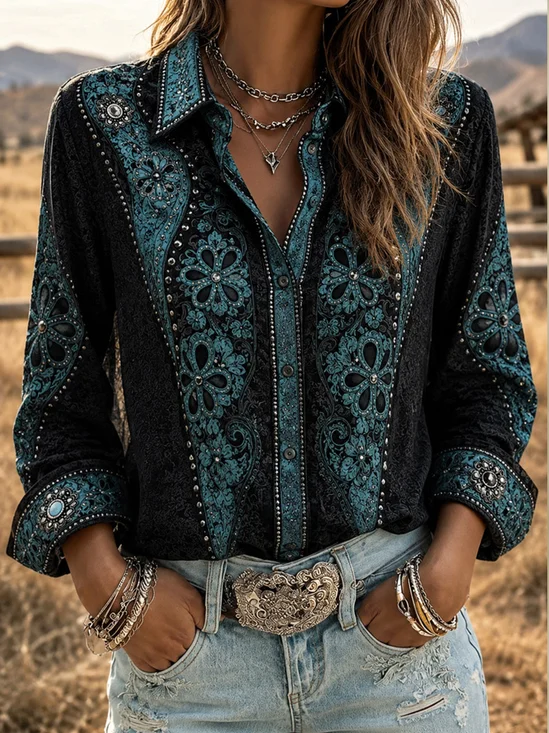 Western Floral Graphic Collared Button Down Shirt