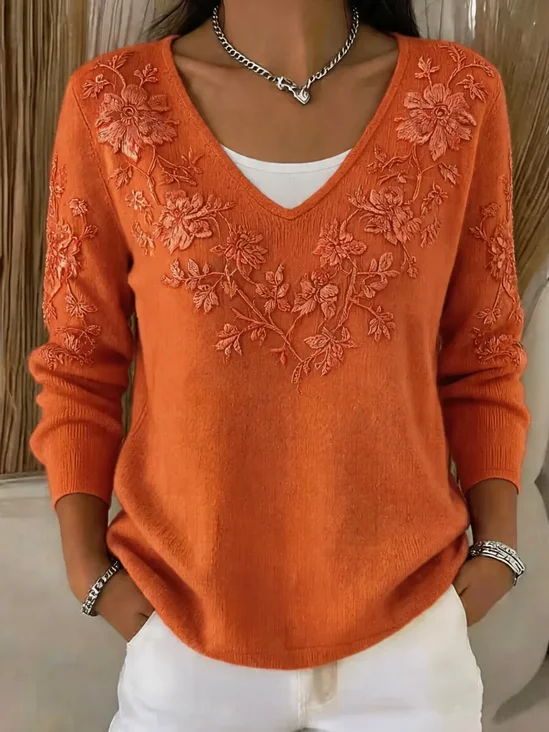 Women's Long Sleeve T-shirt Spring/Fall Orange Floral Printing V Neck Daily Going Out Casual Top