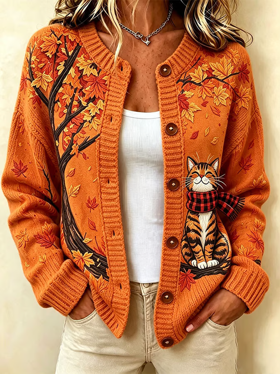 Vintage Printing Cat Maple Leaf Regular Fit Crew Neck Cardigan