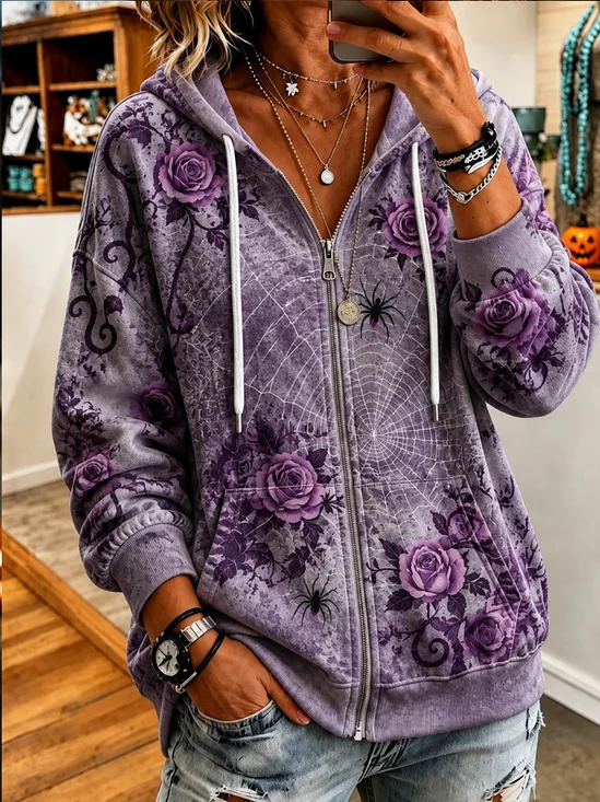 Rose Spider Web Trendy Zip‑Up Hoodie