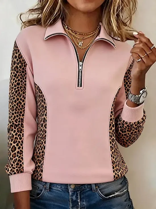 Leopard Stand Collar Zipper Casual Sweatshirt