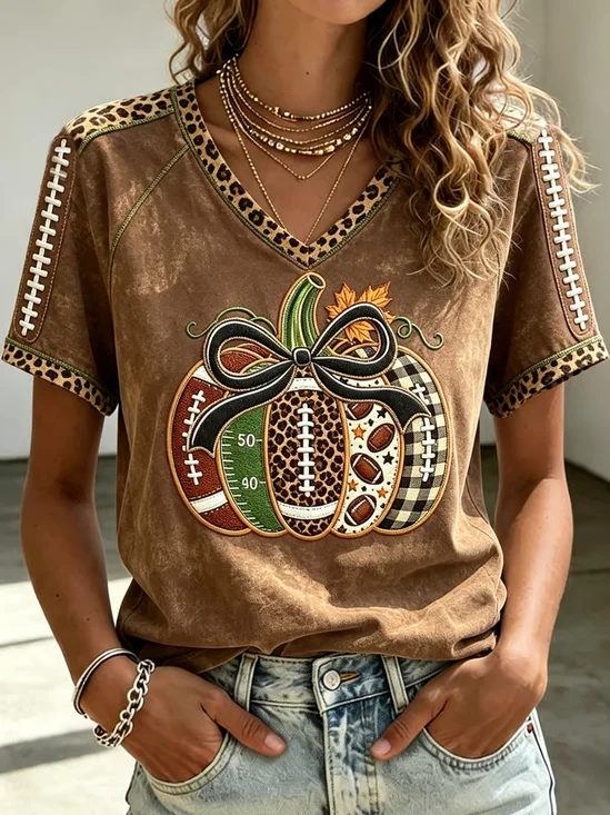Women's Short Sleeve T-shirt Summer Brown Maple Leaf Printing V Neck Daily Going Out Vintage Top
