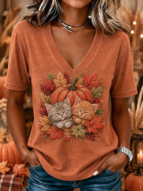 Fall Kitten Pumpkin Print T-Shirt