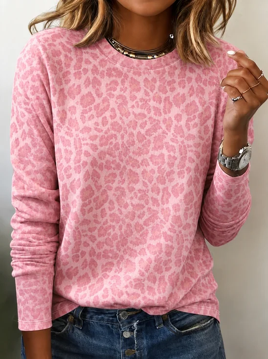 Women's Long Sleeve T-shirt Spring/Fall Pink Leopard Printing Jersey Crew Neck Daily Going Out Casual Top