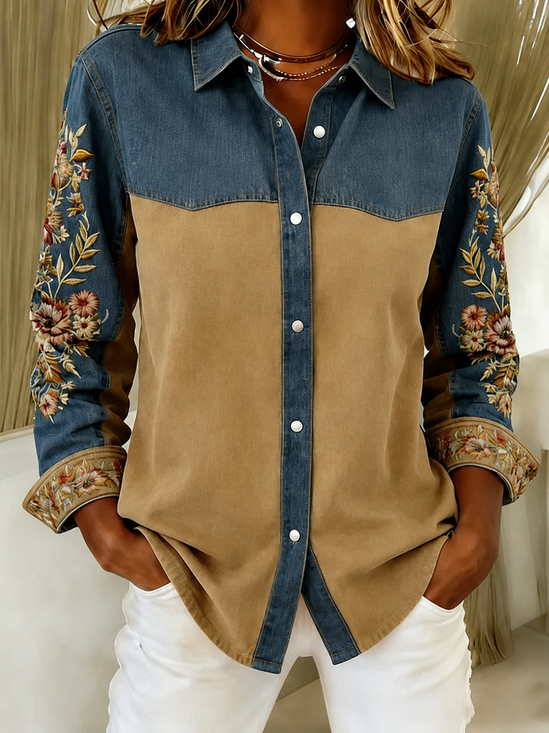 Women's Long Sleeve Shirt Spring/Fall Khaki Wild West Buckle Shirt Collar Regular Sleeve Daily Going Out Casual Top