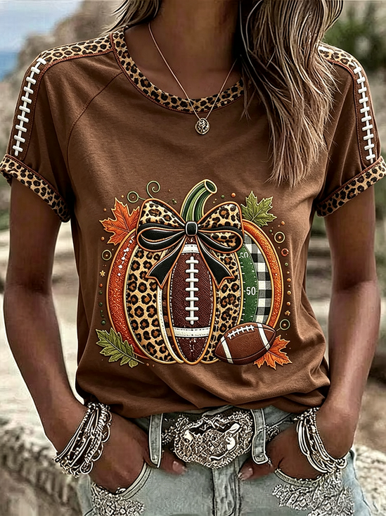 Women's Short Sleeve T-shirt Summer Brown Pumpkin Pattern Printing Crew Neck Daily Going Out Vintage Top