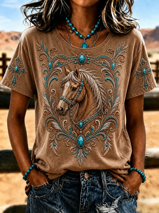 Women's Short Sleeve T-shirt Summer Brown Wild West Printing Crew Neck Daily Going Out Casual Top