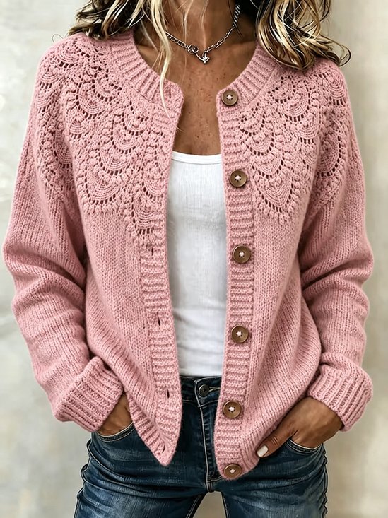 Casual Crew Neck Floral Cardigan