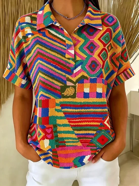 Loose Geometric Vintage Polo Collar T-Shirt
